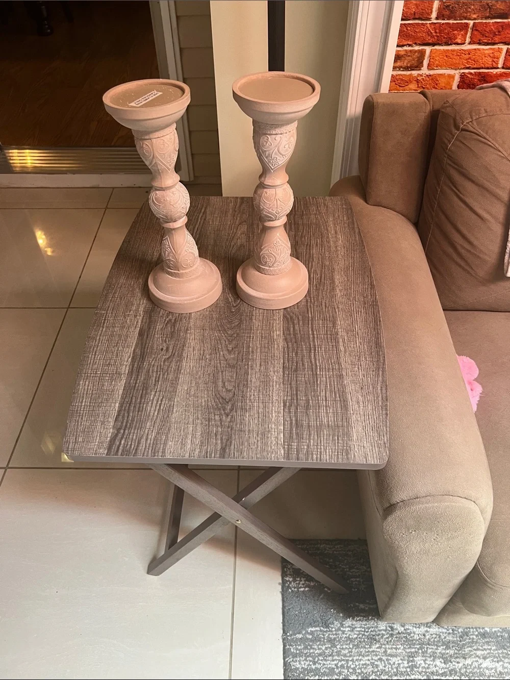 Set of 2 Decorative Tall Candle Holders - Light Taupe